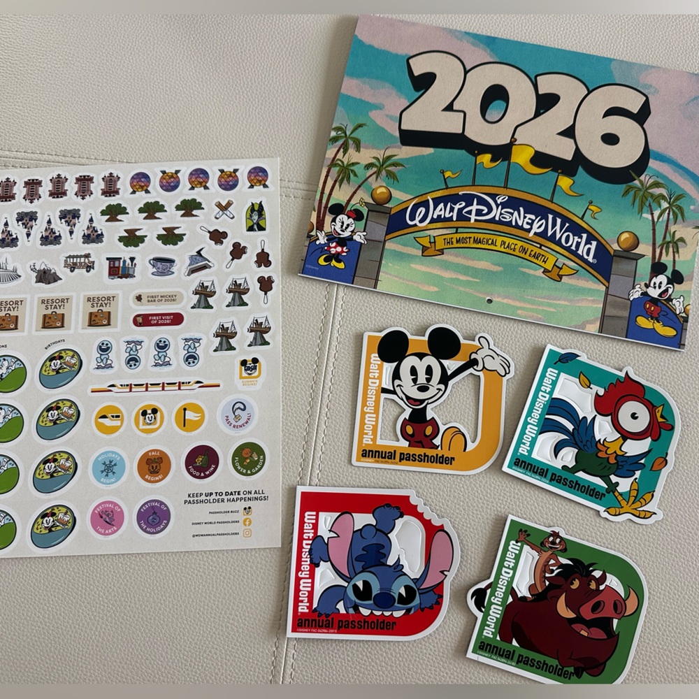 Disney Annual Passholder 2026 stickers, magnets, calendar